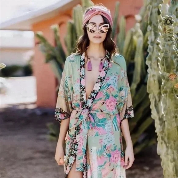 SOLD OUT Boho Peacock Feather Floral Kimono Duster Robe - Picture 3 of 9